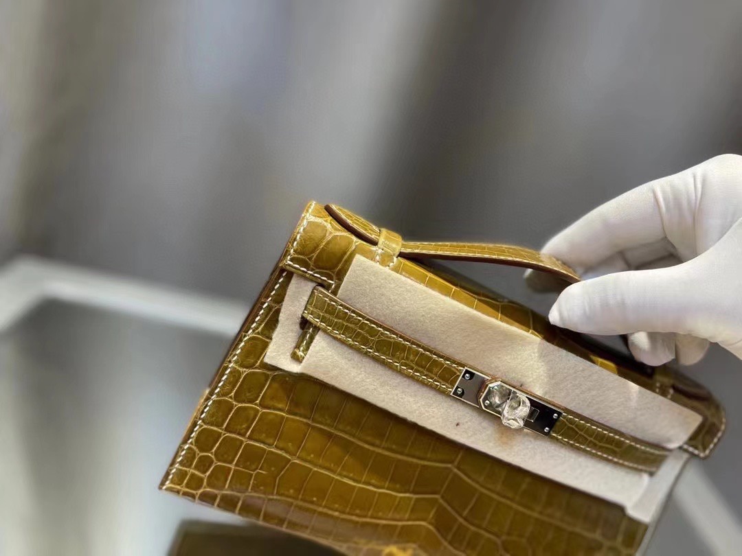 에르메스 켈리 포쉐트 브라운 금장 샤이니 악어가죽